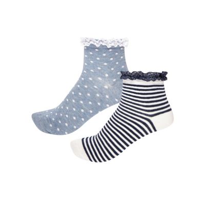 Girls blue pattern frilly socks pack